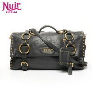 Prada Leather Studded Shoulder Bag Black